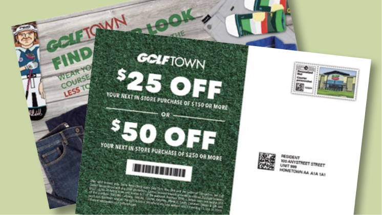 Neighbourhood Mail card example showing a Golf Town discount coupon.